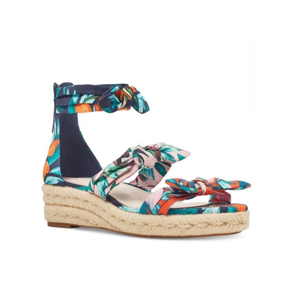 Nine West Floral Espadrille 3 Bow Allegro Ankle-Tie Sandals Teal & Coral size 8